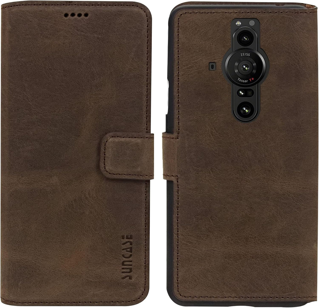 Suncase Book-Style Hülle kompatibel mit Sony Xperia Pro-I Leder Tasche (Slim-Fit) Lederhülle Handyta