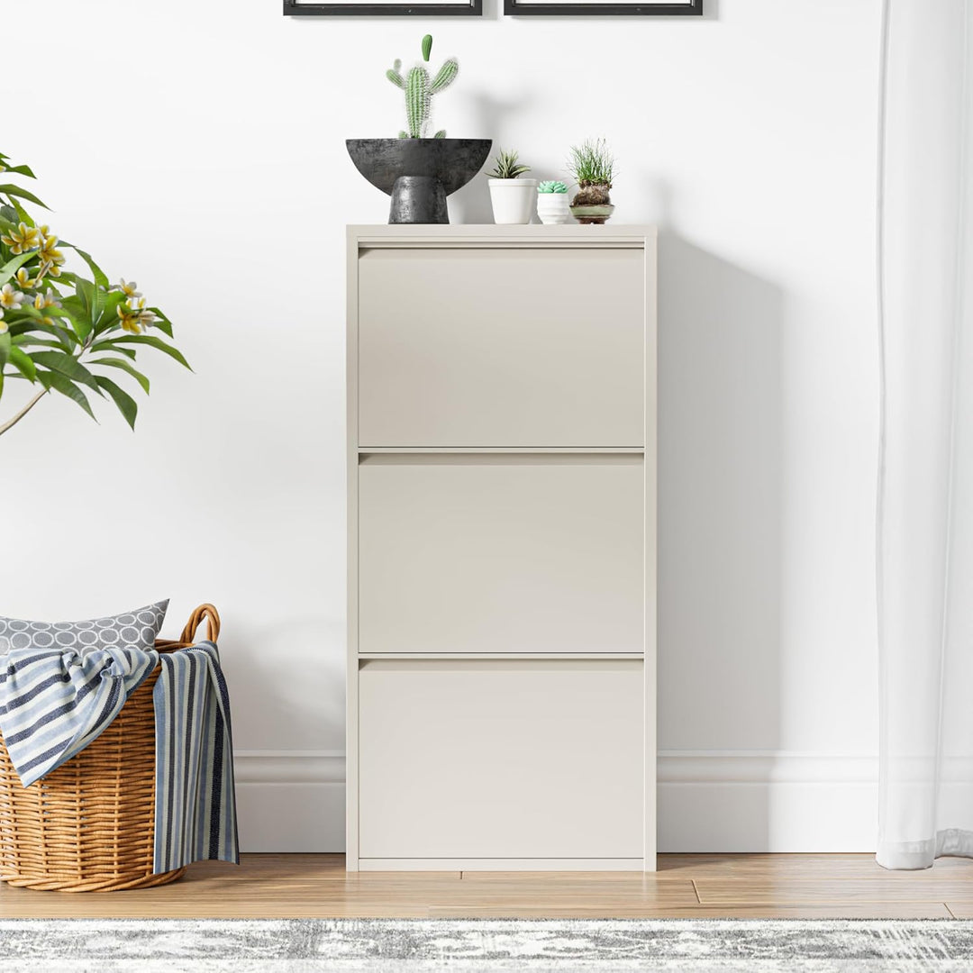 [en.casa] Schuhschrank Sokndal Schuhkipper mit 3 Klappen Metall Schuhkommode für 6 Paar Schuhe 104 x
