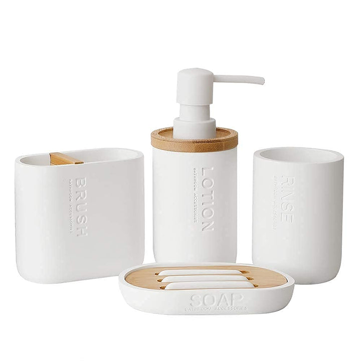 Badezimmer Zubehör Set, mit dekorativen Bambus/Holz Zubehör, Harz, Seifenspender, Zahnbürstenhalter,
