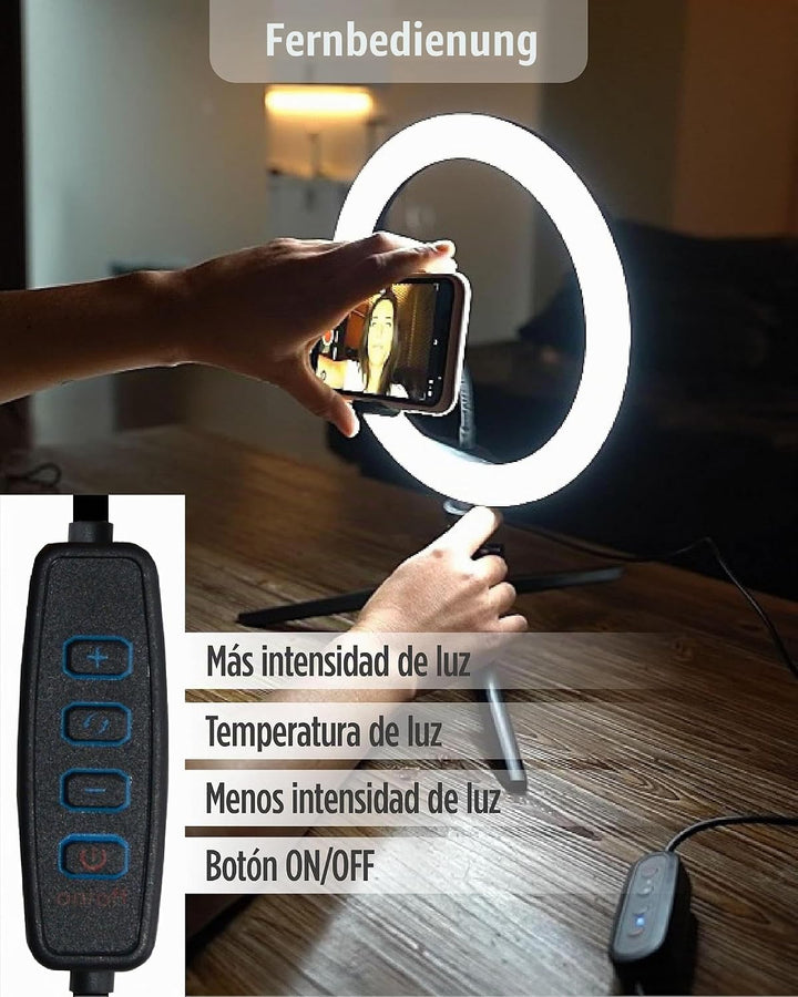 KSIX Dimmbare Tischstativ Lichtring LED Ring Licht für Handy, 3 Lichttemperaturen und 10 Helligkeits