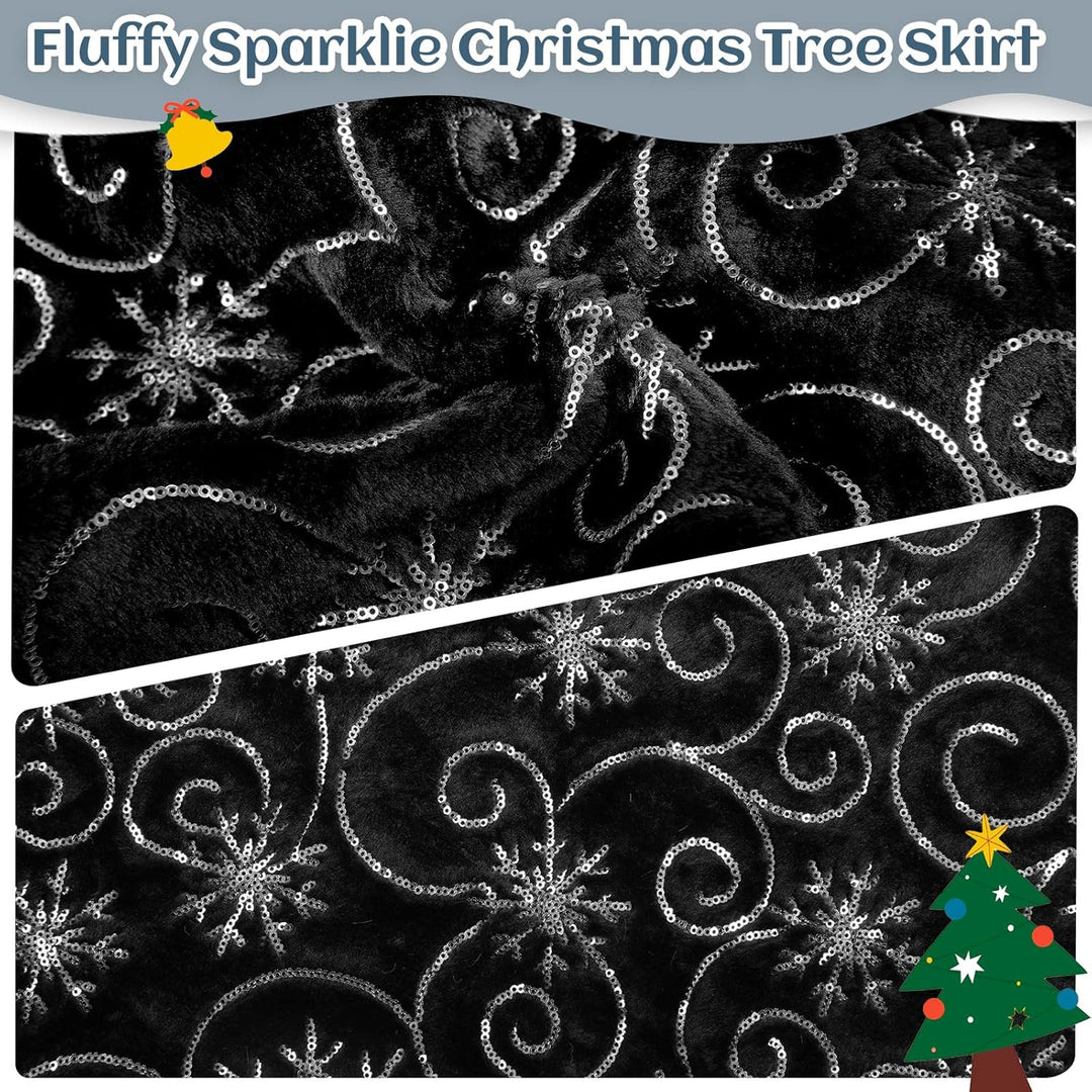 KONVINIT Weihnachtsbaumdecke Rund Schwarz Weihnachtsbaumteppich mit Schneeflocke Weihnachtsbaum Rock