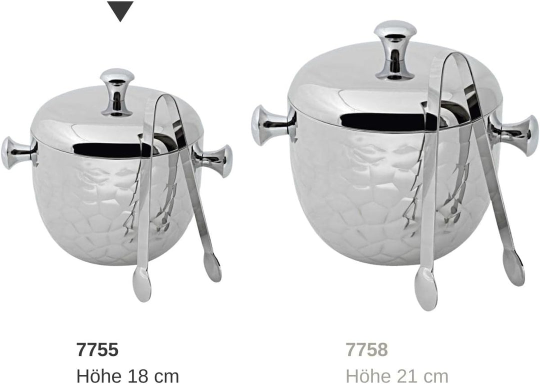 EDZARD Eiseimer Rico, mit Deckel und Eiszange, Edelstahl hochglanzpoliert, gehämmert, Höhe 18 cm, 1,