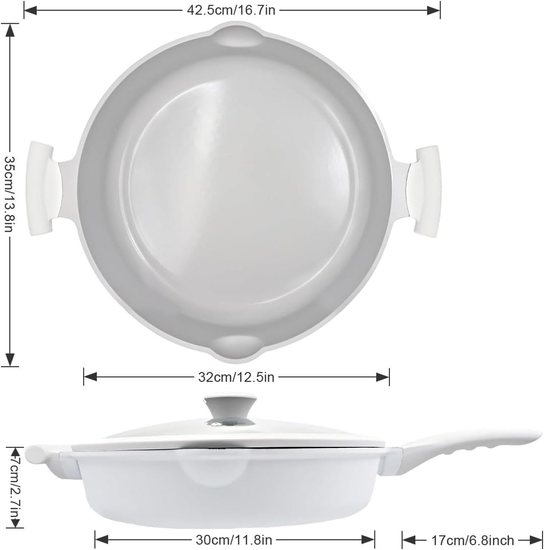 AIKENBBKK Keramik pfanne mit Deckel, 2-In-1 Bratpfanne 32 cm Antihaft- Weiss Weiss 32 cm mit Deckel,