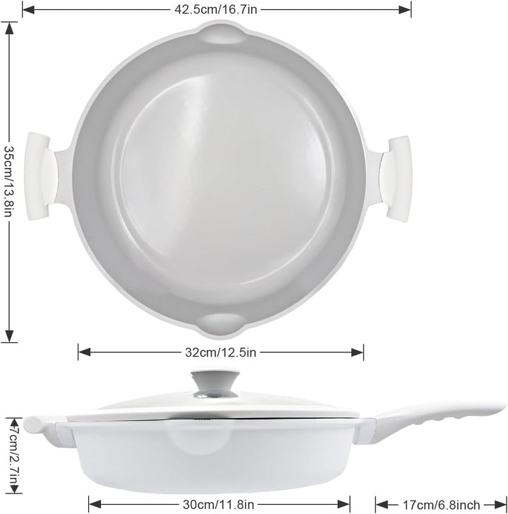 AIKENBBKK Keramik pfanne mit Deckel, 2-In-1 Bratpfanne 32 cm Antihaft- Weiss Weiss 32 cm mit Deckel,