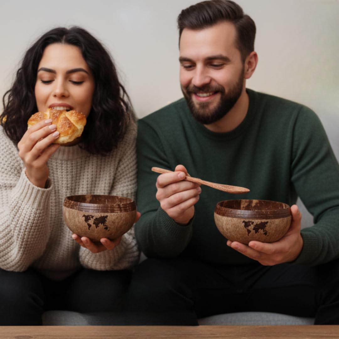 Kokosnuss Bowls - 2er Set Müslischalen, Smoothie Kokosnuss Schalen mit Anti-Kipp-Ring &amp; Holzlöffel –
