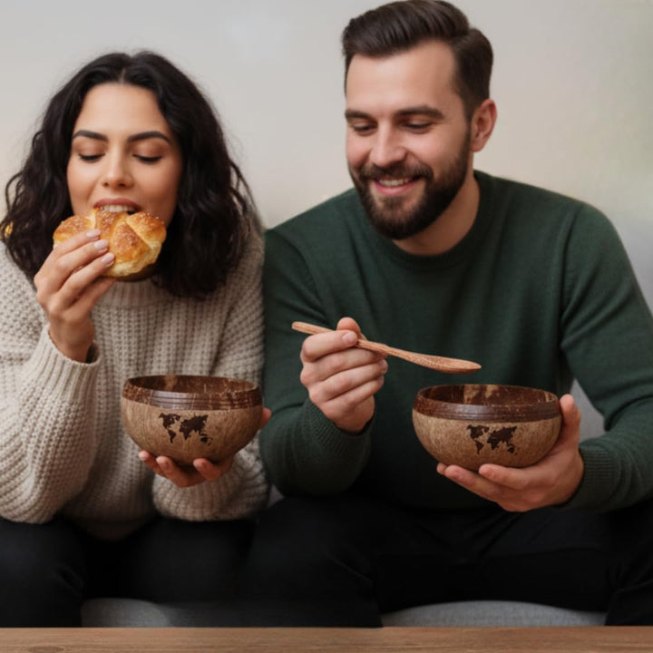 Kokosnuss Bowls - 2er Set Müslischalen, Smoothie Kokosnuss Schalen mit Anti-Kipp-Ring &amp; Holzlöffel –