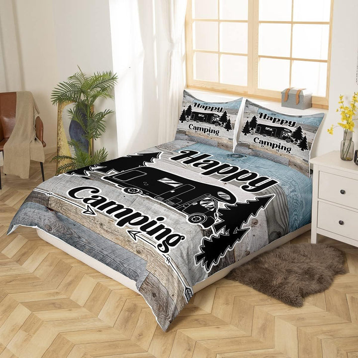 Happy Camping-Bettwäsche-Set, 135 x 200 cm, für Jungen, Kinder, Teenager, rustikaler Bettbezug im La