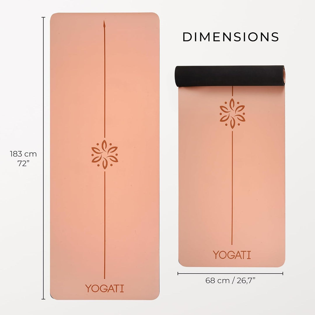 YOGATI® Yogamatte rutschfest Naturkautschuk mit Tasche - Yoga Matte gross mit Markierung, Sportmatte