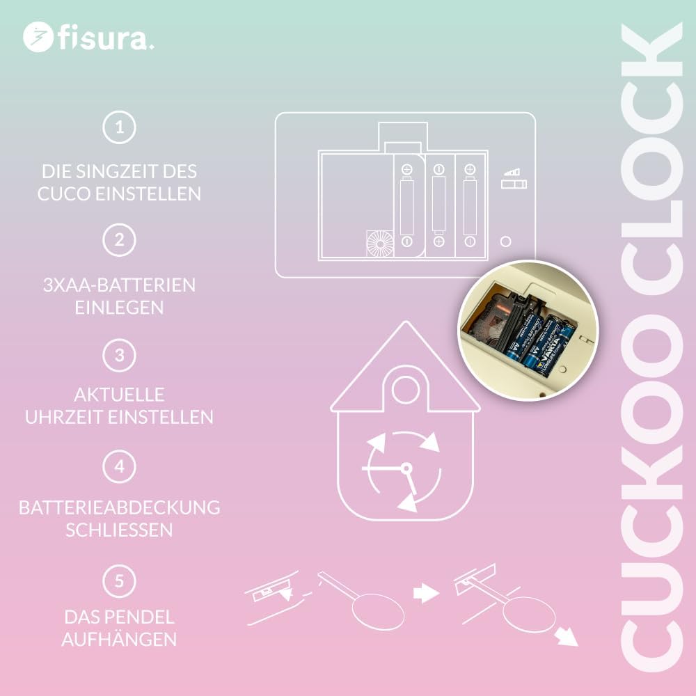 Fisura - Farbverlauf Kuckucksuhr mit Zifferblatt. Wanduhr modern. Kuckuckuhr Schwarzwalduhr. 3 AA-Ba