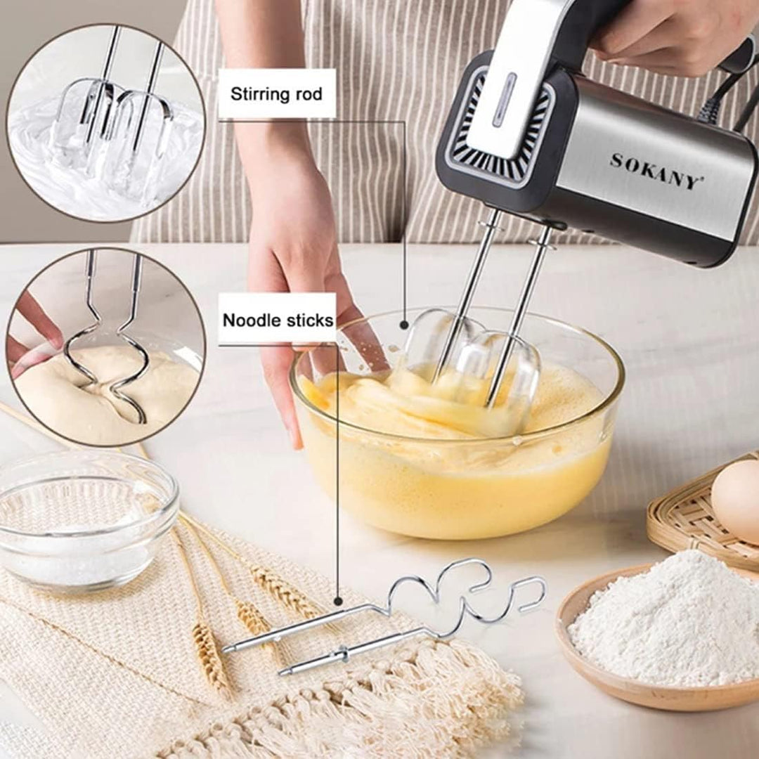 SOKANY 800W Handrührgerät Edelstahlkneter Handmixer, 5 Geschwindigkeiten mit Exit-Taste, Handrührer