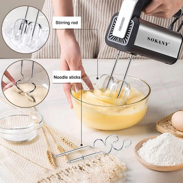 SOKANY 800W Handrührgerät Edelstahlkneter Handmixer, 5 Geschwindigkeiten mit Exit-Taste, Handrührer