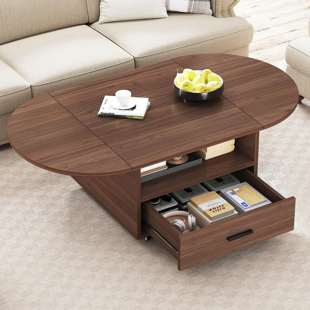 IBF Oval Couchtisch mit Stauraum Holz Wohnzimmer Tisch mit Schublade Klappbarer Couchtisch Für Schla