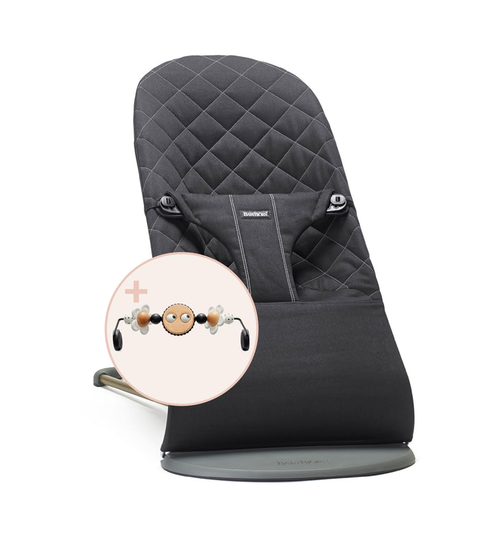 BabyBjörn Babywippe Bliss, Gewebt, Klassische Steppung, Schwarz, inklusive Spielzeug, Fröhliche Auge