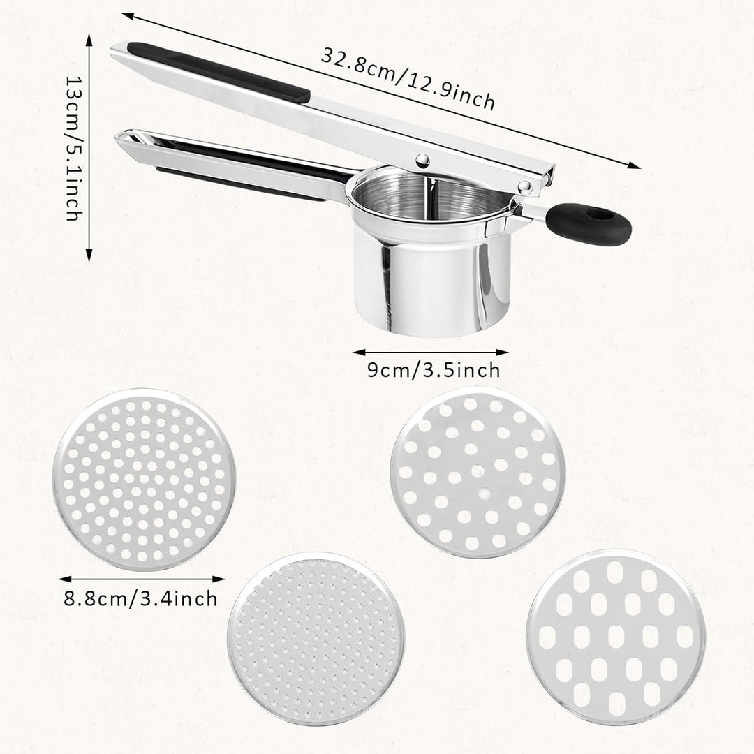 Edelstahl Kartoffelpresse mit 4 Einsätzen – Robuste & Ergonomische Kartoffelpresse – Leicht zu Reini