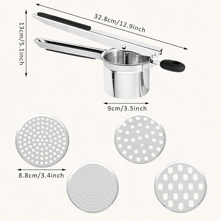 Edelstahl Kartoffelpresse mit 4 Einsätzen – Robuste & Ergonomische Kartoffelpresse – Leicht zu Reini