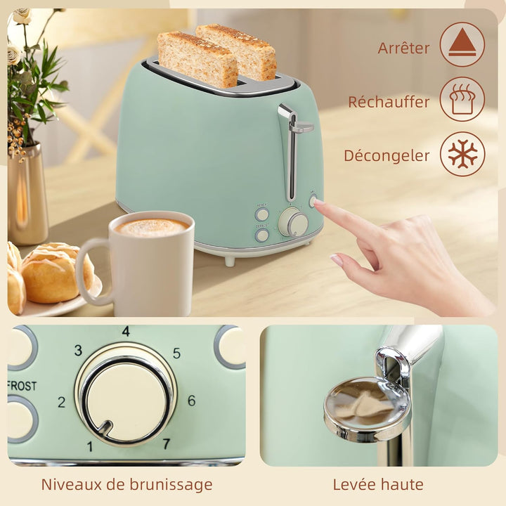 HOMCOM Edelstahl Wasserkocher und Toaster Set 2200 W und 1,7 L, 2-Scheiben-Toaster, 7 Bräunungsstufe