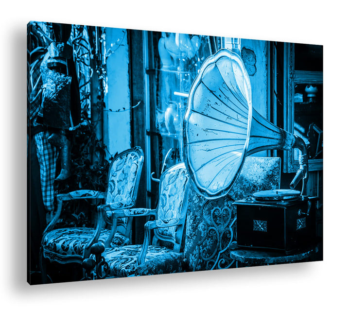 deyoli nostalgischer Plattenspieler Format 80x60 Effekt: Monocrome Blau als Leinwandbild, Motiv fert