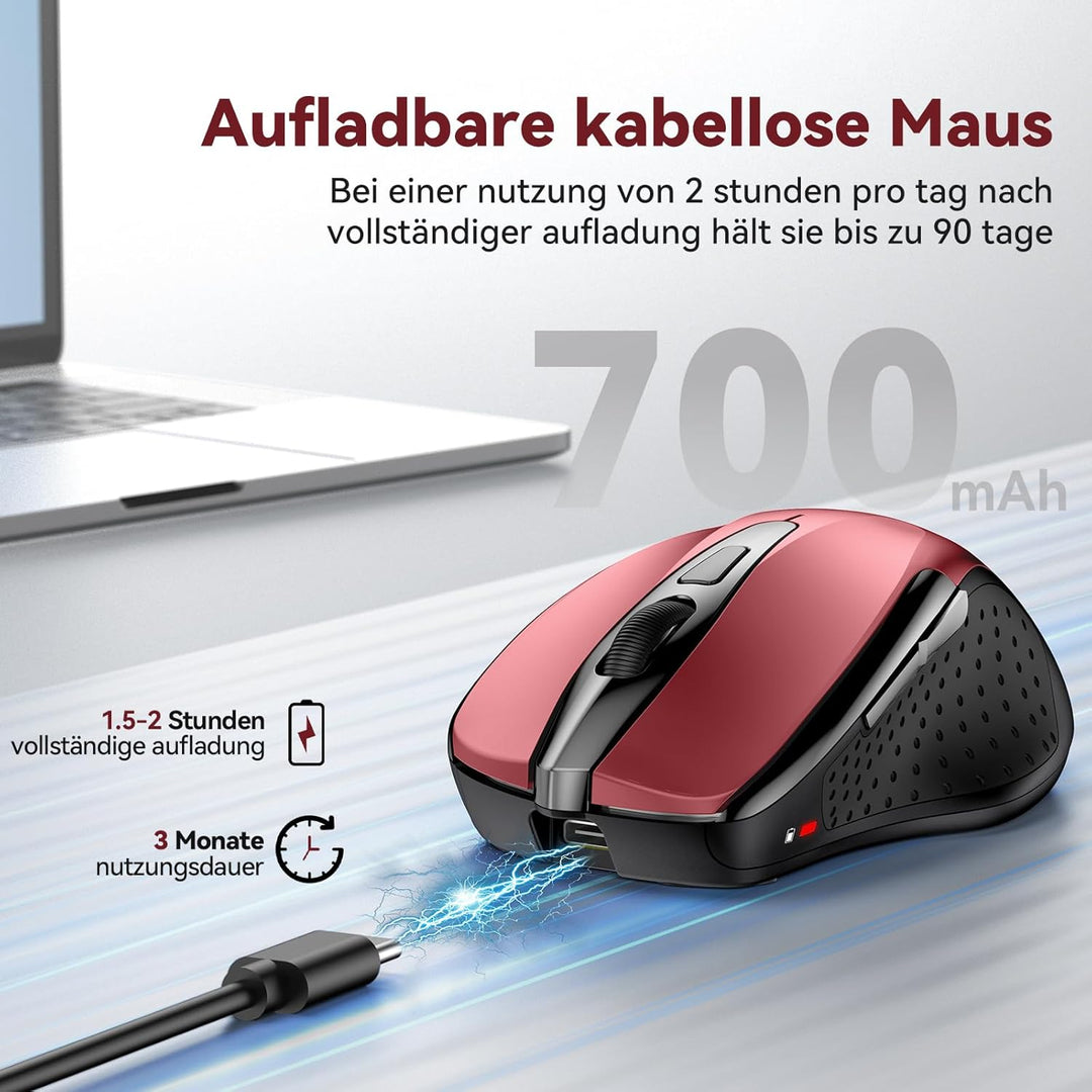 TechRise Bluetooth Maus, 2.4G Maus Kabellos (BT 5.0/3.0 + 2.4G), 4800 DPI Wiederaufladbare Ergonomis