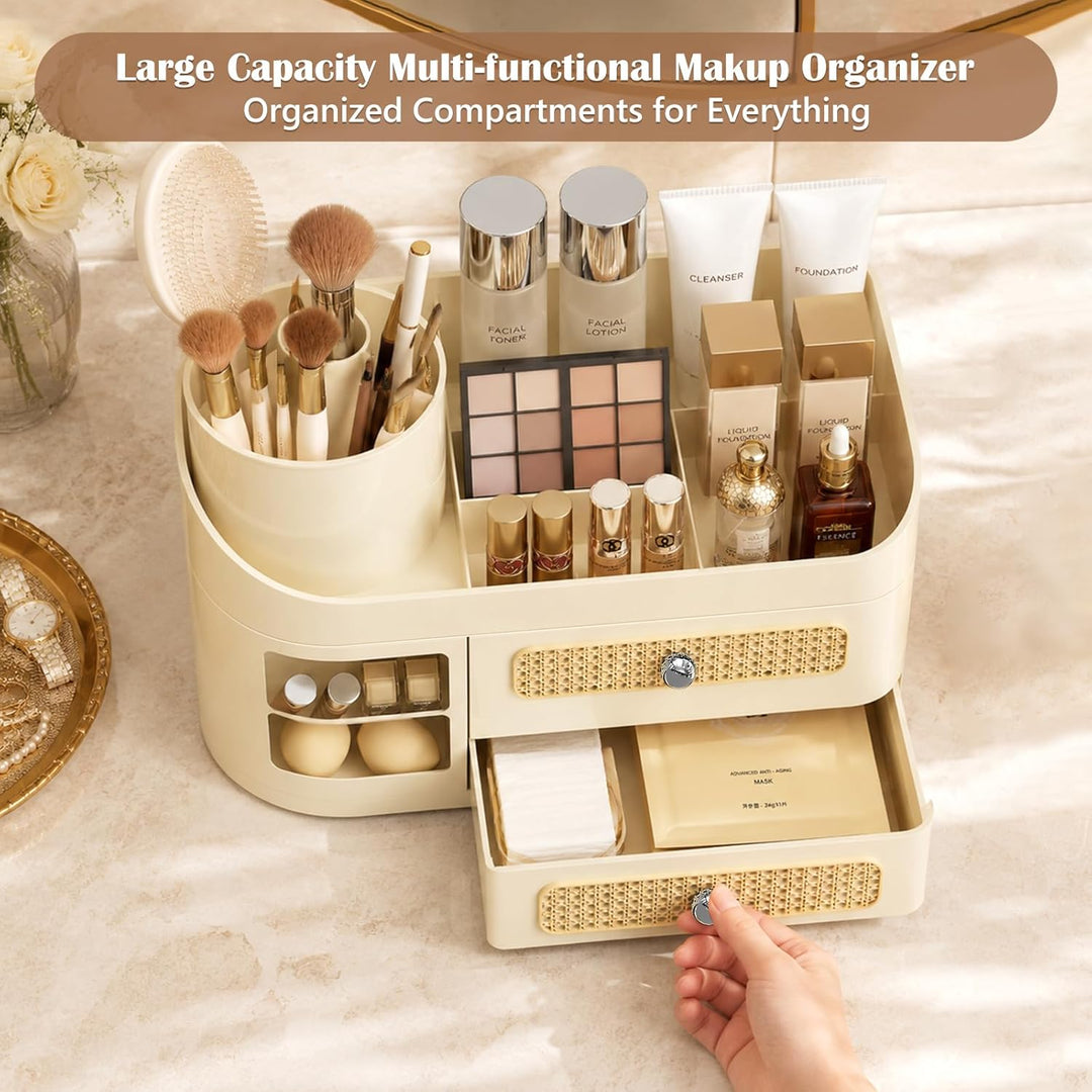Make Up Organizer mit 360° Drehbar Abnehmbar Pinselhalter - Schminktisch Organiser Kosmetik Box mit