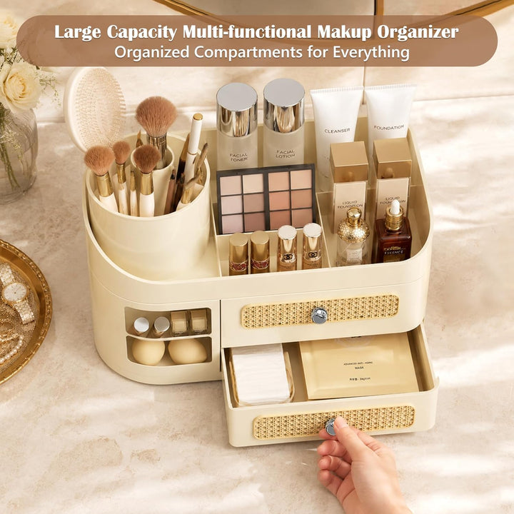 Make Up Organizer mit 360° Drehbar Abnehmbar Pinselhalter - Schminktisch Organiser Kosmetik Box mit