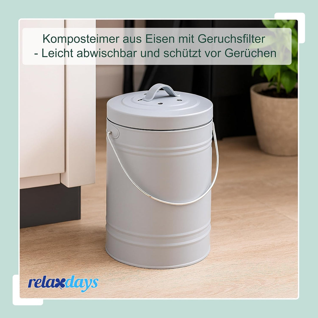 Relaxdays Komposteimer Küche, 5 l, Kleiner Mülleimer, Deckel und Geruchsfilter, Abfalleimer Biomüll,