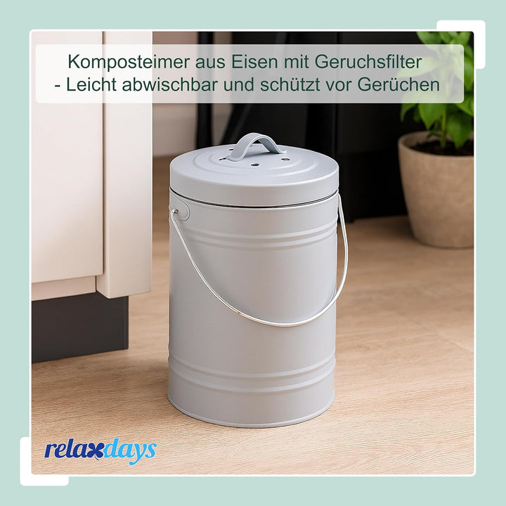 Relaxdays Komposteimer Küche, 5 l, Kleiner Mülleimer, Deckel und Geruchsfilter, Abfalleimer Biomüll,