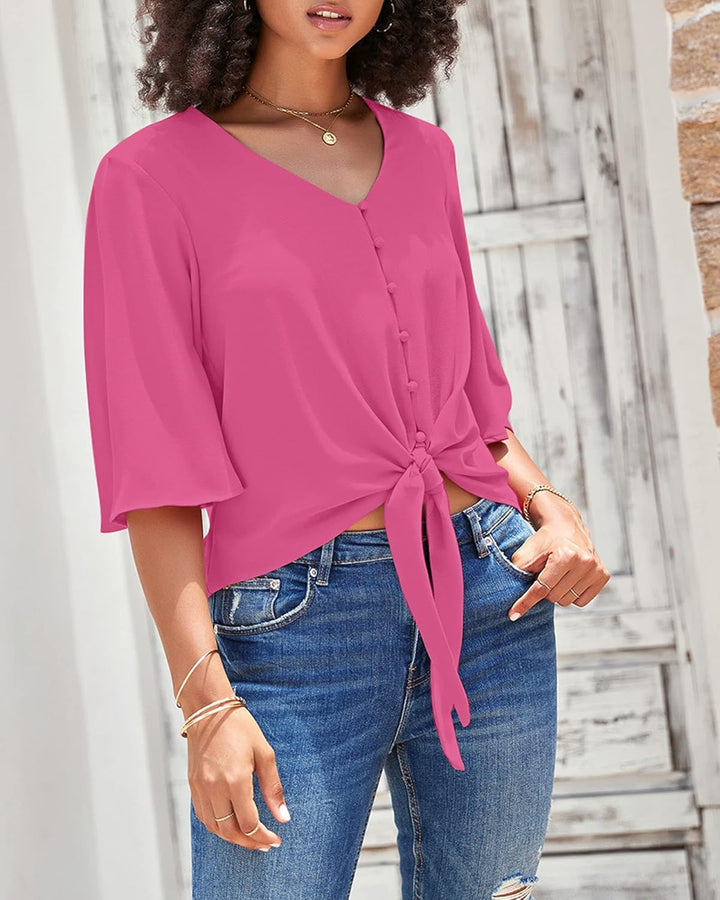 Roskiky Damen Bluse Chiffon Elegant V-Ausschnitt Bell Sleeve Fledermausärmel Oberteile Hemd Loose To