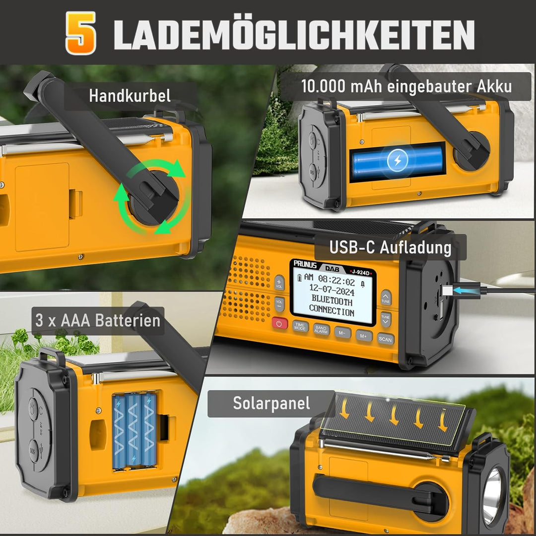 PRUNUS J-924 Digital Radio DAB+/UKW, Kurbelradio Notfall mit 10000mAh Akku, DAB Radio mit Bluetooth,