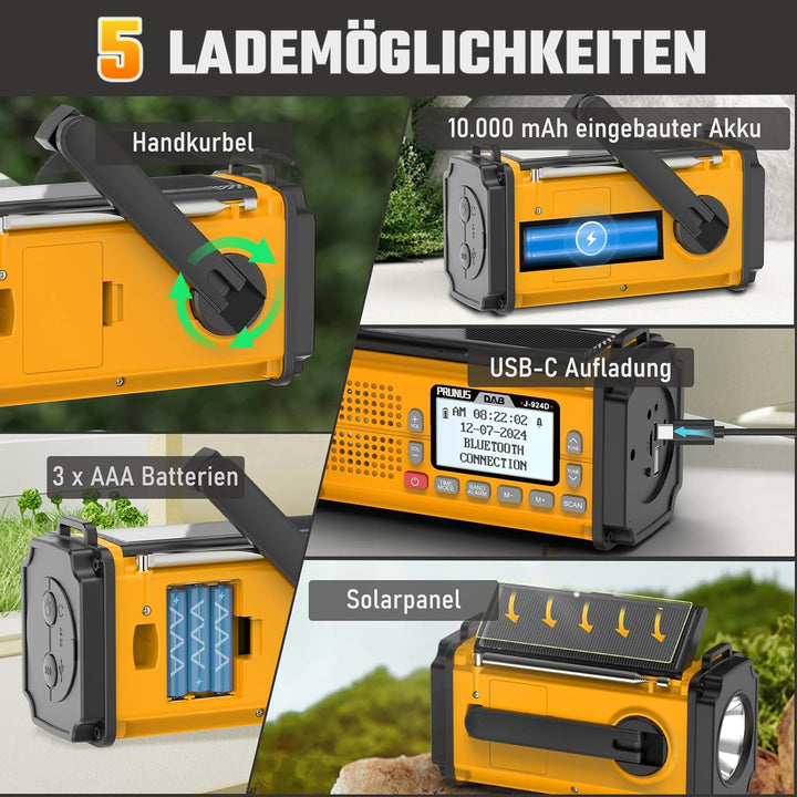 PRUNUS J-924 Digital Radio DAB+/UKW, Kurbelradio Notfall mit 10000mAh Akku, DAB Radio mit Bluetooth,