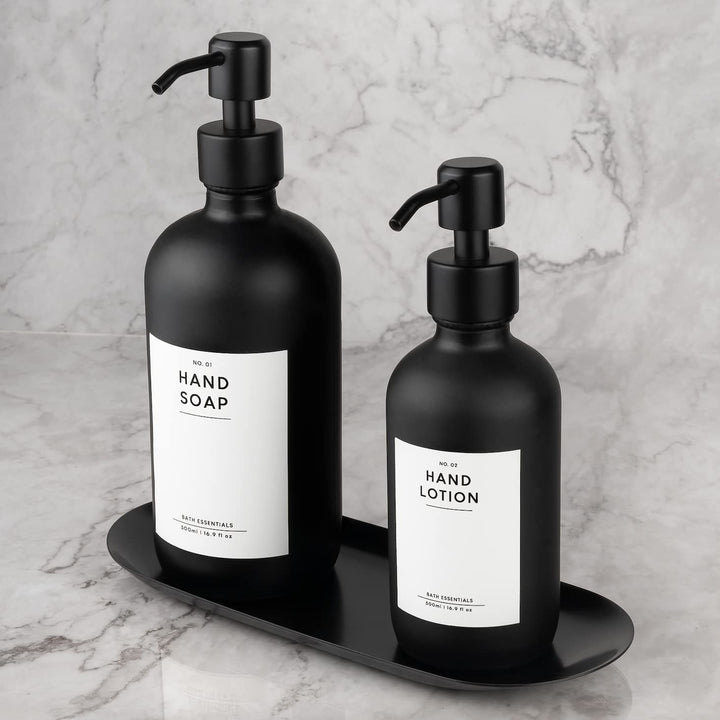 MONOKO 2er Set Seifenspender Schwarz Matt aus Glas mit Tablett | 500/250ml Spülmittelspender Küche |