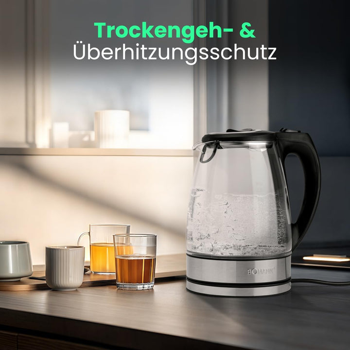Bomann® Wasserkocher Edelstahl 1,7 Liter | BPA frei | Glaswasserkocher | 2200W | Sicherheitsglas | W