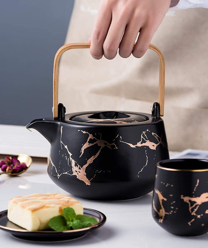 KKGUD Japanischer Stil, Keramik-Teeset, elegante Teekanne und 4 Teetassen mit Holztablett für Nachmi