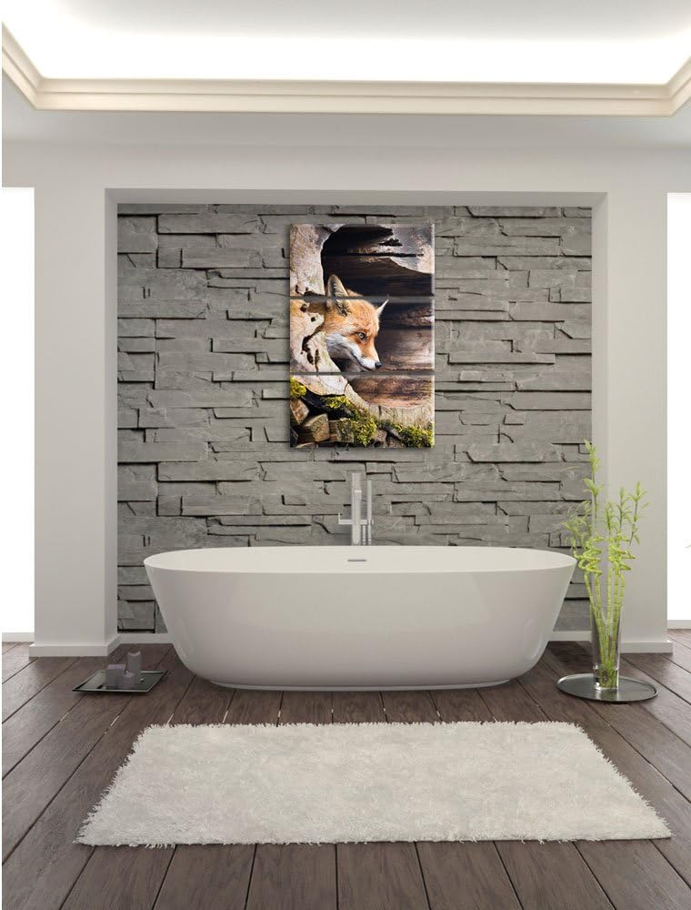 Pixxprint Fuchs im Baumstamm als Leinwandbild/Grösse: 3 Teilig (120x80) cm/Wandbild/Kunstdruck/ferti