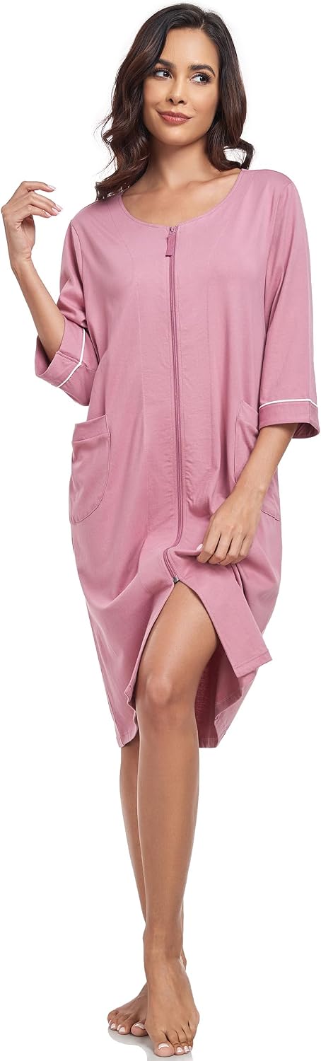 COLORFULLEAF 100% Baumwolle Morgenmantel Damen Leicht Bademantel Damen 3/4 Ärmel mit Reissverschluss