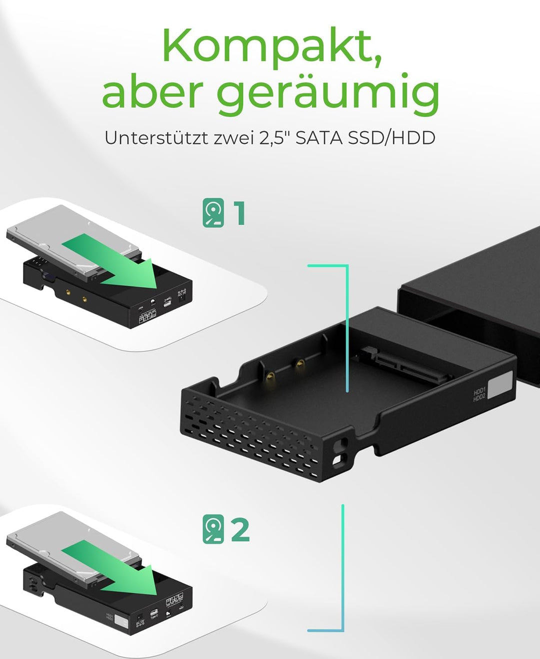 ICY BOX RAID Gehäuse für 2X 2,5 Zoll SSD & HDD, USB-C & USB-A Kabel, USB 3.1 Gen2 (10 Gbit/s), Alumi