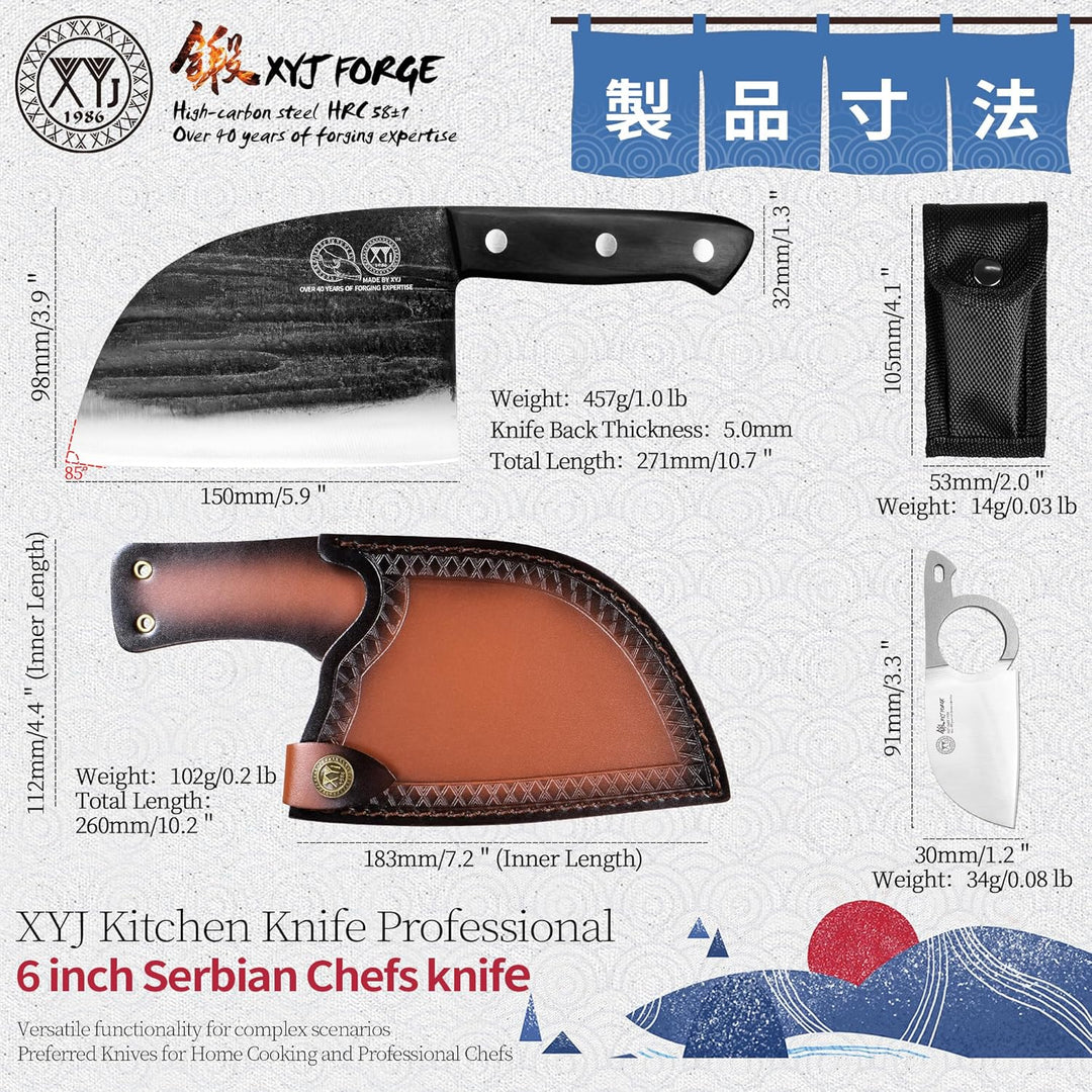 XYJ 6 Zoll serbische Kochmesser mit Scheide, handgefertigt geschmiedet Outdoor Camping Küche Metzger