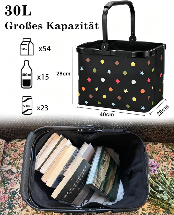 Diurwur®30L Einkaufskorb Stabiler Tragekorb Faltbar Einkaufstasch Gross Picknickkorb Klappkorb Reise