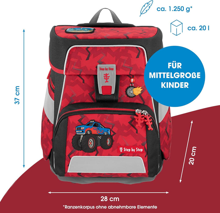 Step by Step Schulranzen-Set Space Monster Truck Rocky, 5-teilig, rot-blau, Auto-Design, ergonomisch