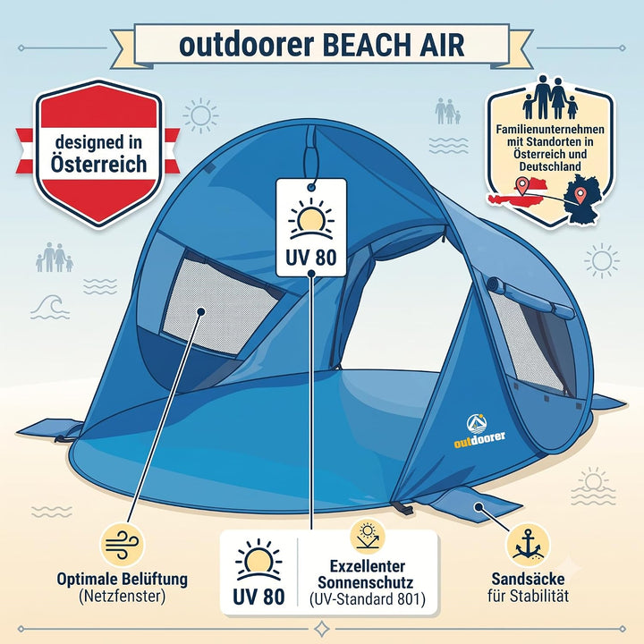 outdoorer UV 80 Pop up Strandmuschel Beach Air, 245x145x100 cm, bestens belüftet, 2 Fenster, 1 versc