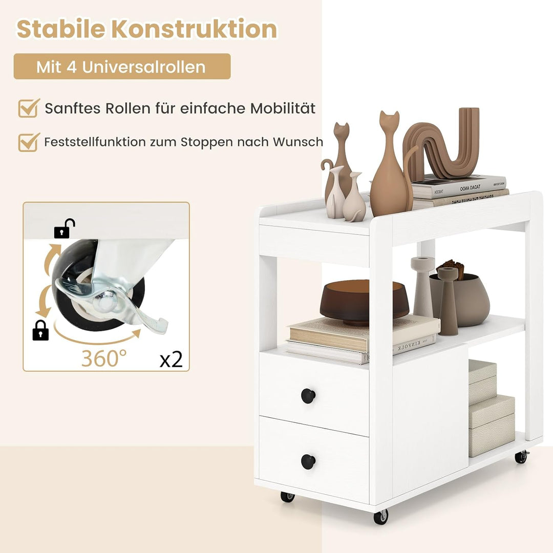 COSTWAY Beistelltisch schmal, Nachttisch mit Rollen, 2 Schubladen und offenen Ablagen, Sofatisch, Na