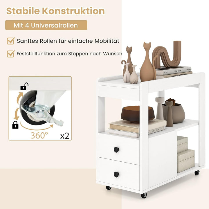 COSTWAY Beistelltisch schmal, Nachttisch mit Rollen, 2 Schubladen und offenen Ablagen, Sofatisch, Na