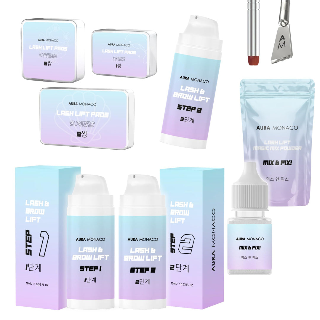 AURA Monaco | Korean Lash Lift Kit – komplettes Profi-Set mit Step 1–3 Lotions, Mix & Fix Powder, Pa