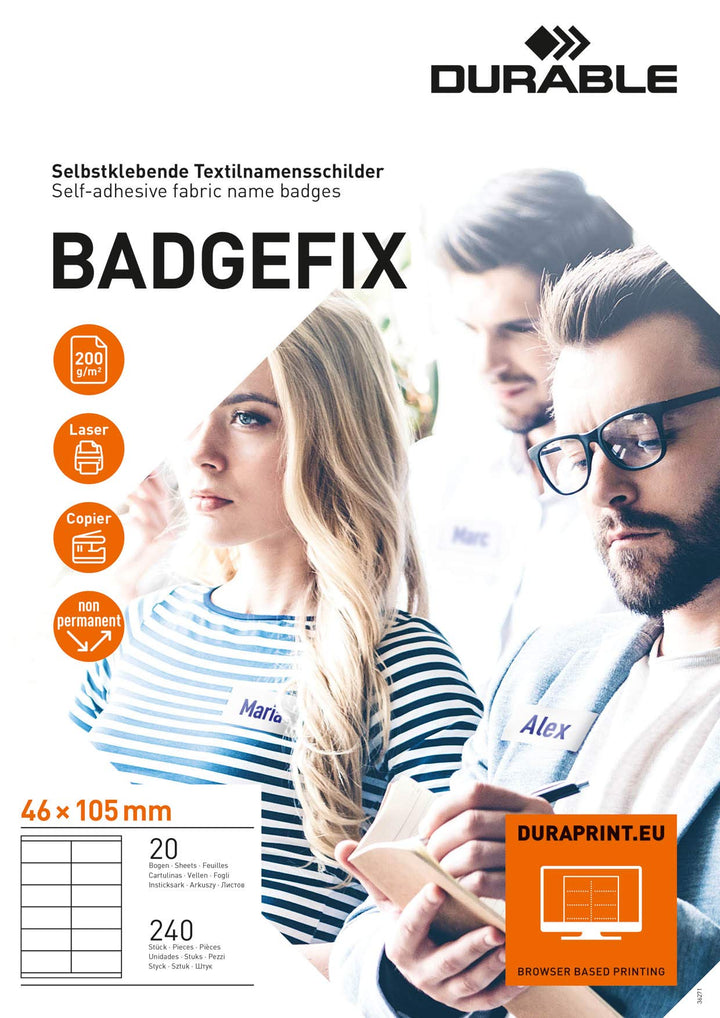 Durable Selbstklebe-Namensschild Badgefix, 46 x 105 mm, weiss, 240 Stück, 836302
