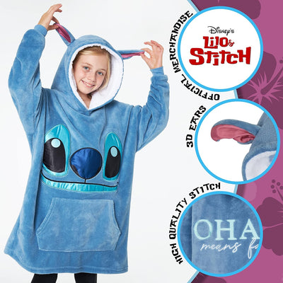 Disney Stitch Kapuzenpullover Mädchen, Übergrosse Hoodie Decke Kinder mit Sherpa-Kapuze und Kängurut