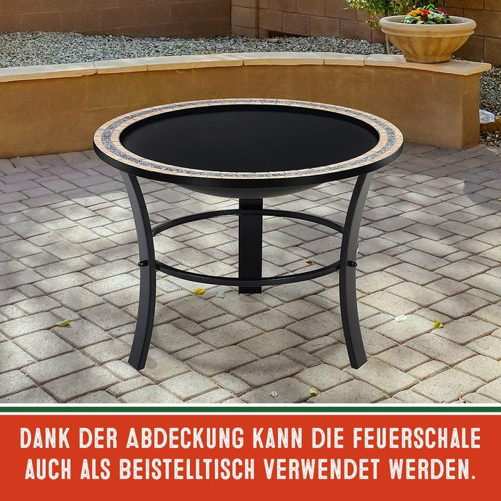 GARDEBRUK® Feuerschale Fuego mit Funkenschutz Ø76cm Schürhaken Abdeckung Mosaik Rund Garten Terrasse
