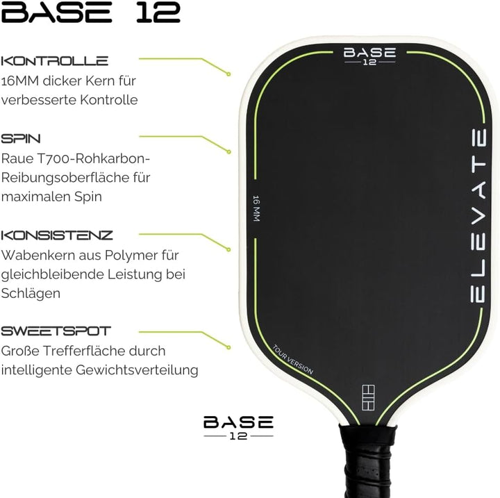 BASE12 Pickleball Schläger Carbon – Premium Paddle 16mm, Raue Oberfläche für Kontrolle & Spin – Idea