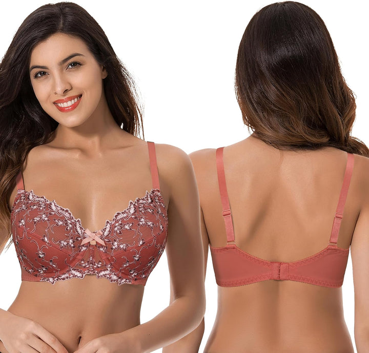 Curve Muse Damen Leicht Gepolstert Bügel Stickerei Spitzen BH-2er Pack 75D Buttermilch,mekka Orange(