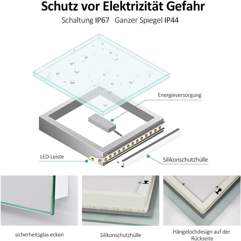 EMKE Badezimmerspiegel 60x80cm LED Badspiegel mit Beleuchtung Warmweissen Lichtspiegel Wandspiegel I