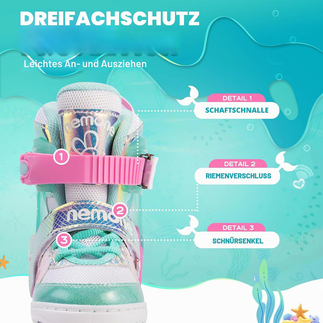 NEMONE Rollschuhe für Mädchen Kinder 4 Grössen Verstellbar Blau Violett Rollschuhe für Kinder Drinne