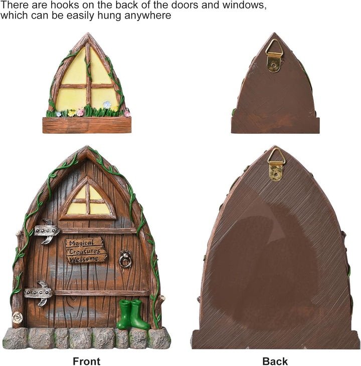Pumwoy Feentür Wichteltür 1 Wichteltür + 2 Wichtelfenster, Wichteltür Gartendeko Leuchten im Dunkeln